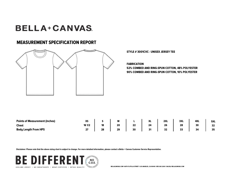 Bella Canvas Size Chart